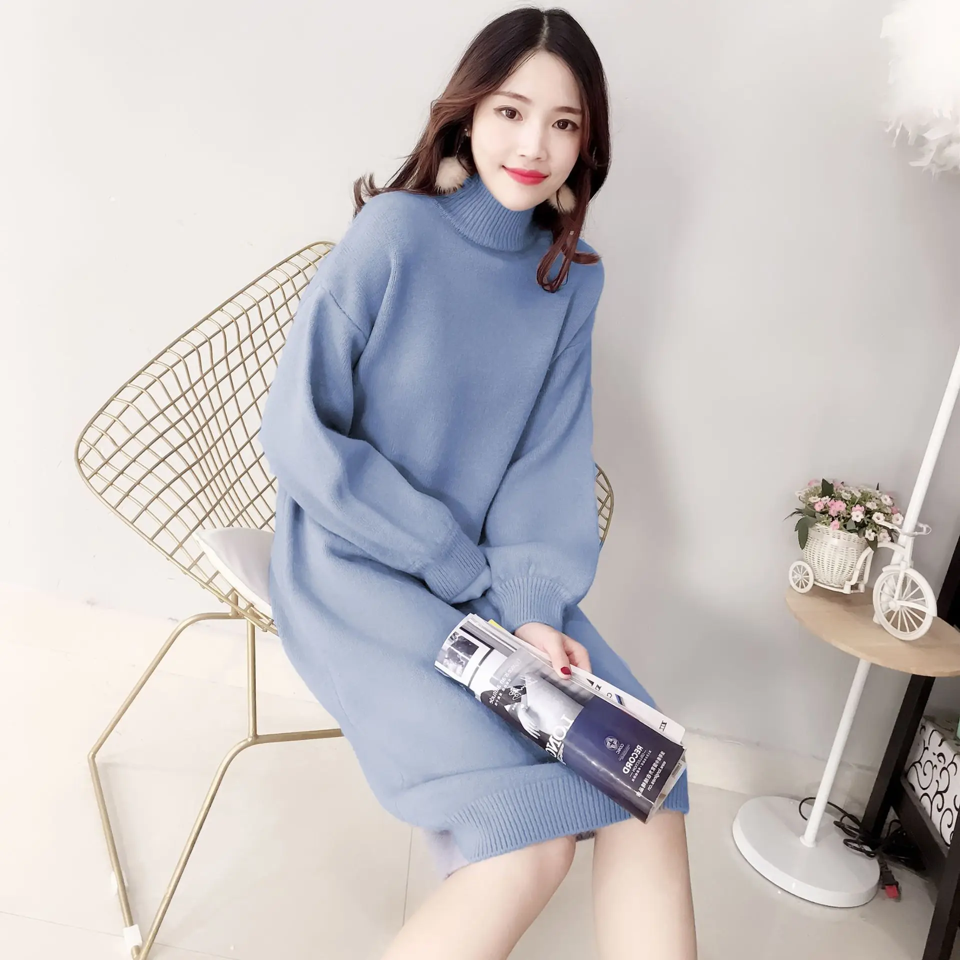 

Autumn Winter Artistic Turtleneck Sweater Dress Women Solid Color Knitted Long Loose Lantern Sleeve Dresses Korean Fashion