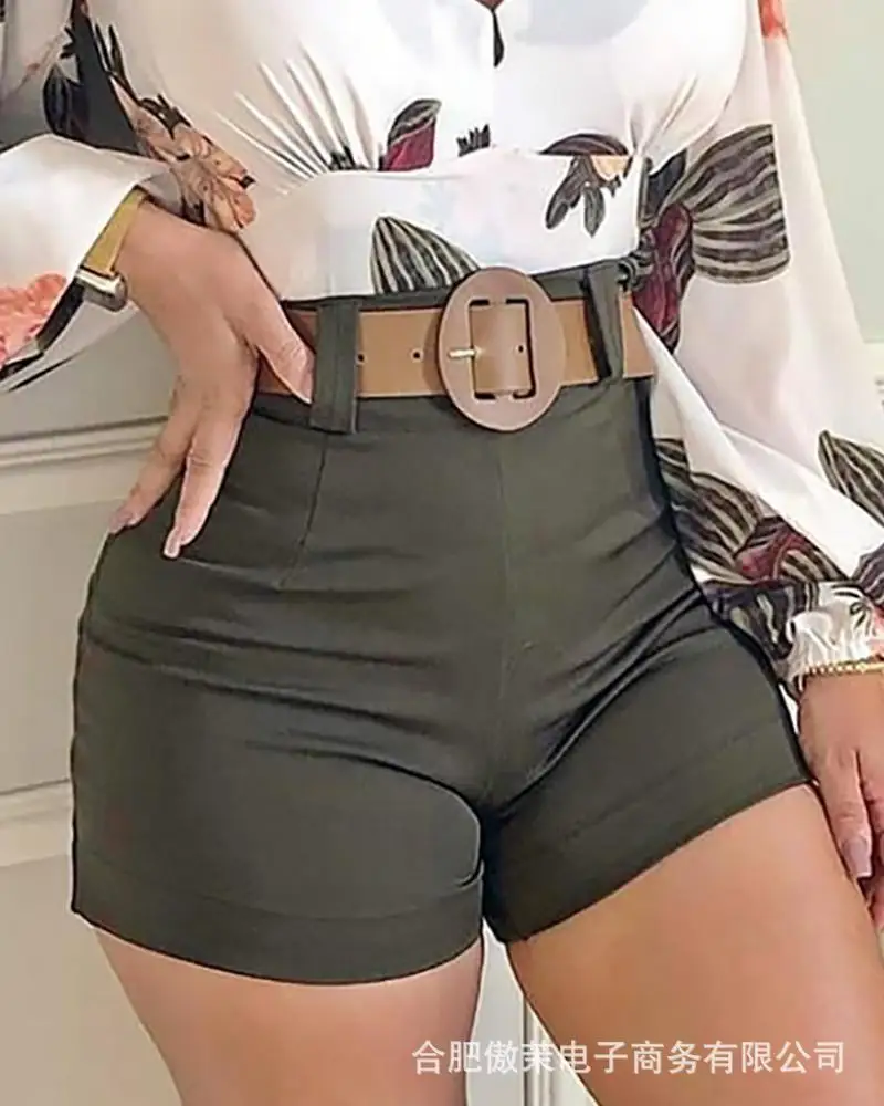 

European and American new women's floral long-sleeved V-neck casual suit shorts