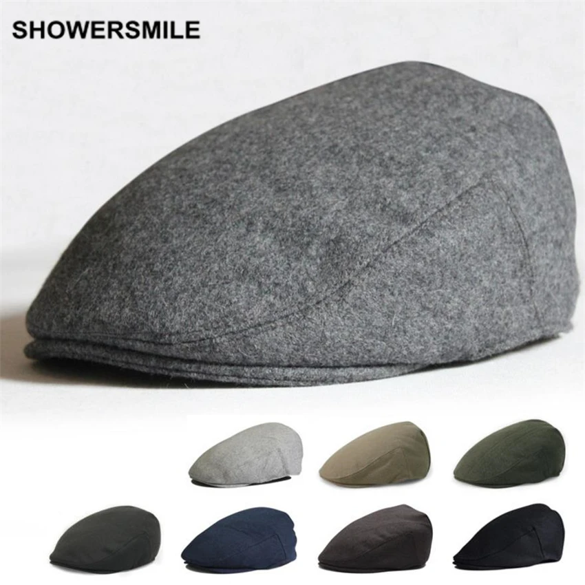 SHOWERSMILE, фирменный берет, Мужская зимняя Шерстяная кепка, серая, черная, зеленая, однотонная, повседневная, винтажная, газетная, шапка и кепка, британский стиль