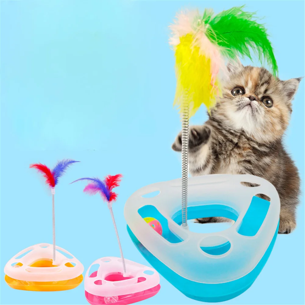 

Triangle Cat Turntable Tower Tracks Toy Kitten Ball Disc Pets Amusement Plate with Feather Spring Cats Interactive Tunnel Toys