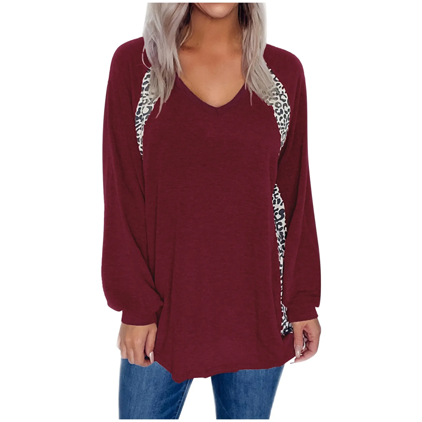 

Leopard Print Stitching Women's T Shirts V Neck Casual Long Sleeved Tee Vintage Streetwear Daily Plus Size Pullover Autumn 2021