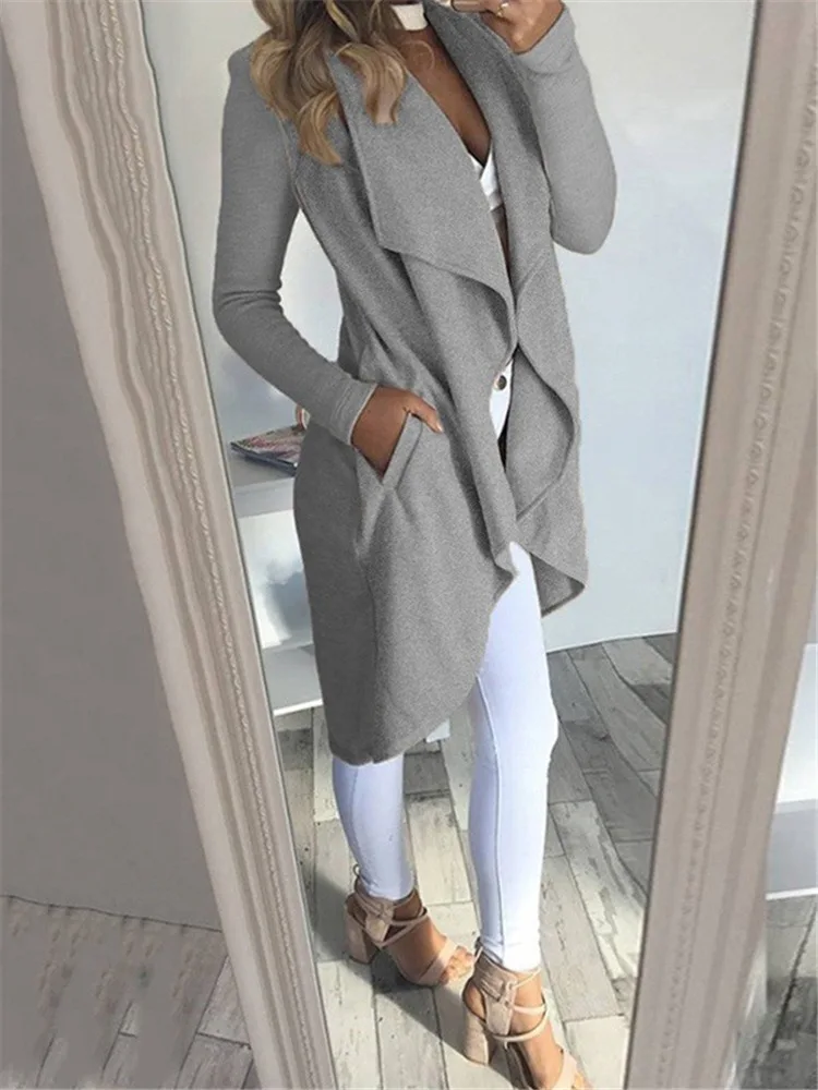 

fall/winter fashion women's wear Large lapel solid color large size slim mid-length windbreaker jacket