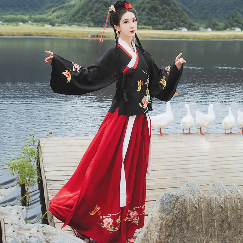 Традиционный китайский Hanfu для женщин тонкая вышивка топы Юбки династии Тан Цин представление одежда Народный танцевальный костюм DN4125