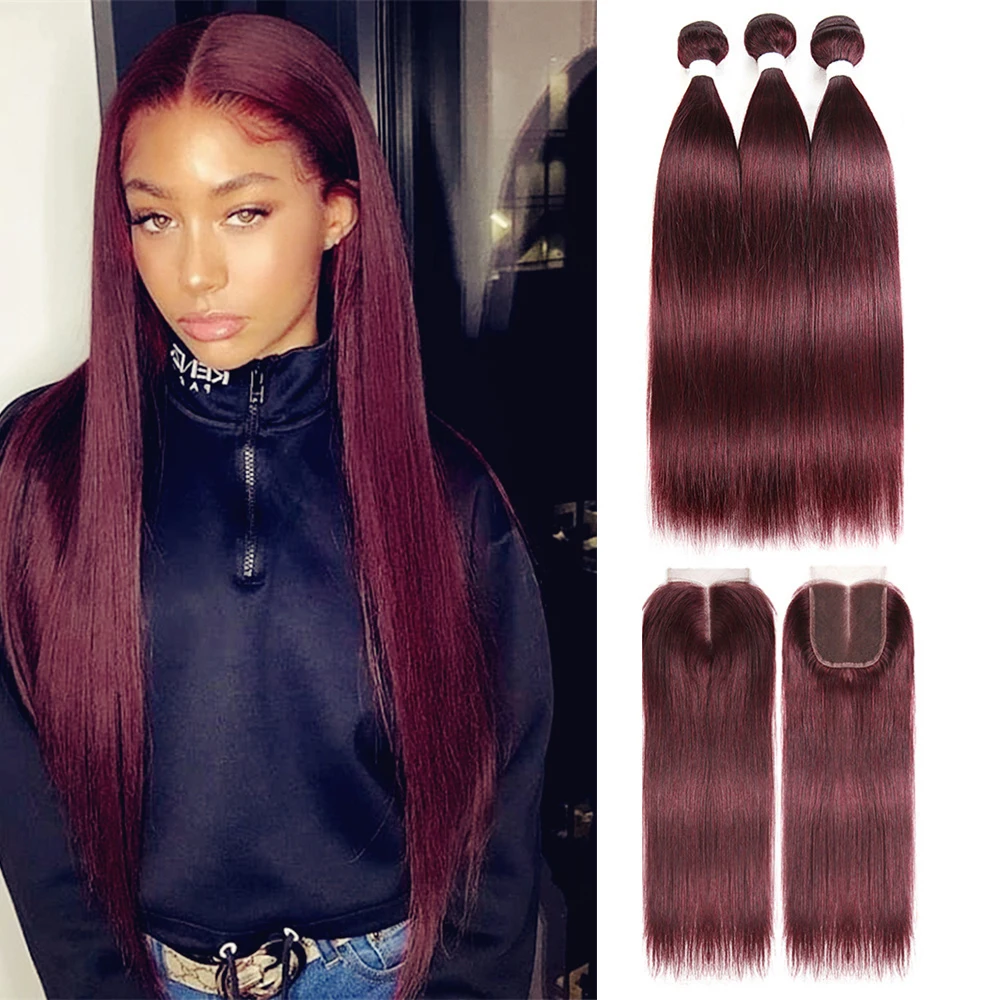 99J прямые пряди с закрытием бордовые красные бразильские Remy человеческие волосы