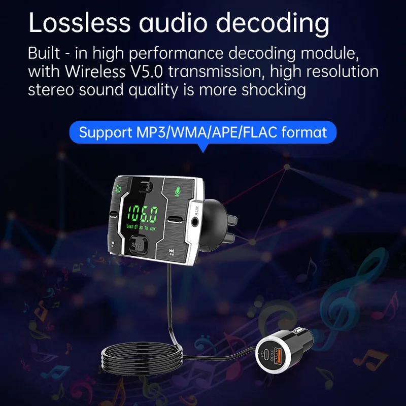 Fm-передатчик JaJaBor AUX аудио музыкальный ресивер Bass PD18W Type C QC3.0 USB зарядное