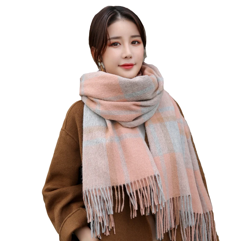 Зимний классический клетчатый шерстяной шарф для женщин с кисточками тонкая