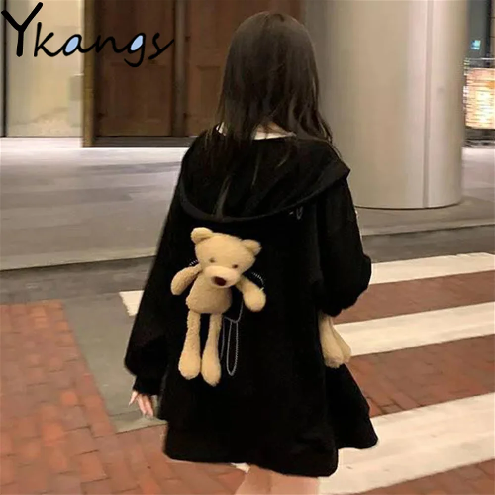 

Свободный свитер Bf Kawaii с маленьким медведем, черная одежда в Корейском стиле преппи, весна-осень, новая уличная одежда с капюшоном в стиле Ха...