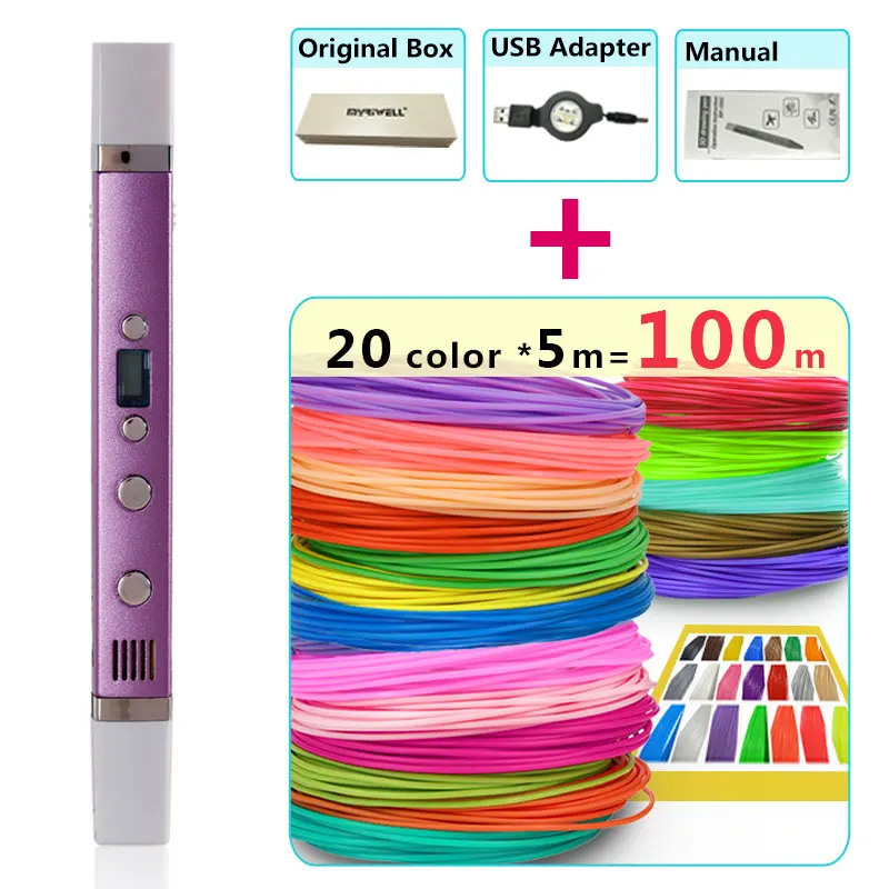 Myriwell 3d Ручка + 20 цветов * 5 м ABS нить (100 м),3d принтер pen-3d волшебная ручка, лучший подарок для детей, поддержка мобильного питания,