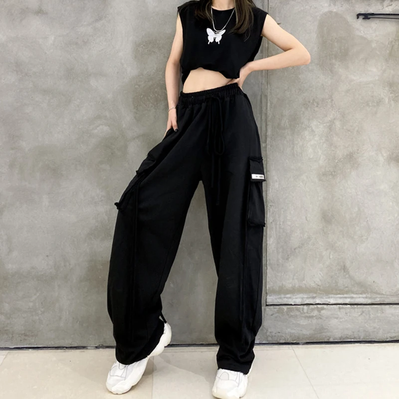 

2021 Women Elastic Waist Loose Streetwear Cargo Pants Female Fashion Ankle-length Jogging Trousers Ladies Plus Szie Casual Pants
