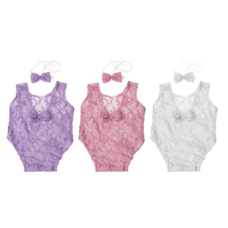 

H05C Baby Photography Props Backless Hollow Bowknot Lace Romper Newborn Girls Outfit