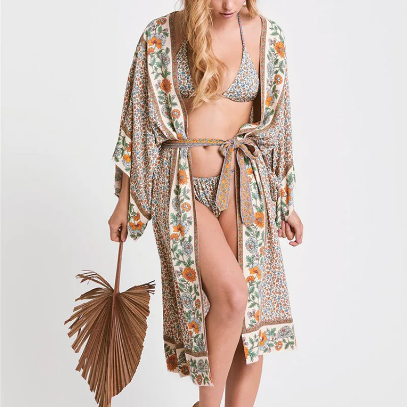 Kimono Sleeeve Swim Cover Up Dresses Women Cotton Khaki Floral Print Cardigan 2021 Summer Vestidos Casual Beach Robe