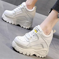 women cow leather platform wedge high heels lace up round toe fashion sneaker boots party oxfords casual shoes