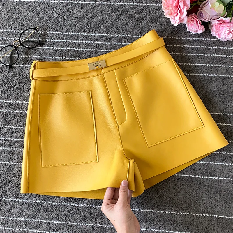 Chic Women's High quality Sheepskin High-rise leather pants fashion women Real leather short pants C440