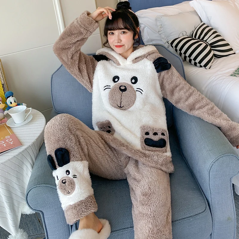 Зимняя флисовая Пижама кораллового цвета женский осенне-зимний утепленный