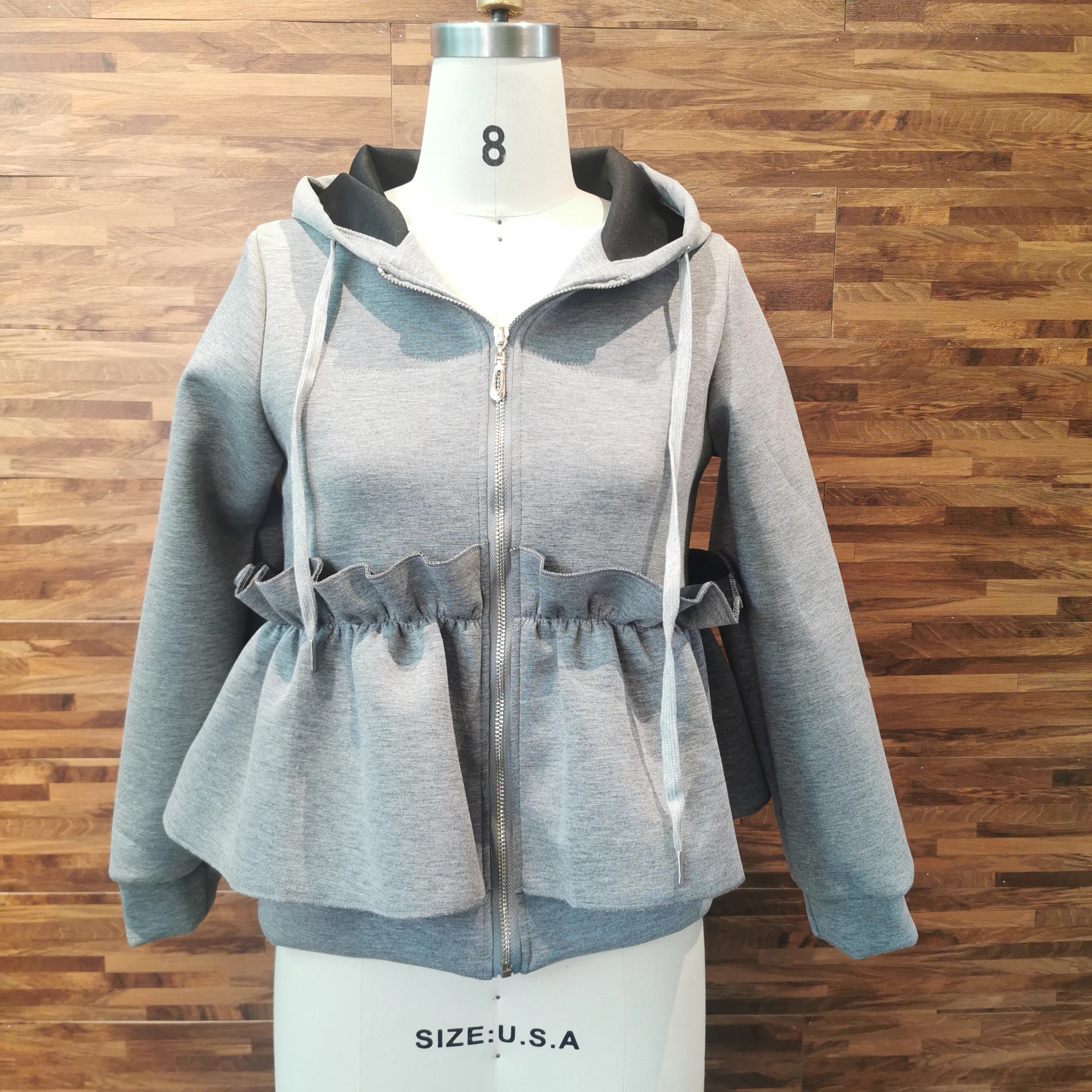 

Kawaii Ruffle Women Zip Up Sweatshirt Hoodie Khaki Black Autumn Coat Female High Waist Peplum Hooded Tops Casual Korean