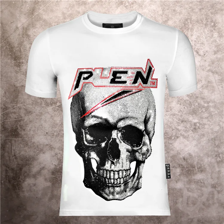 

Tide brand explosion short sleeve men's round neck T shirt domineering personality high quality PP hot drilling skeleton men's T