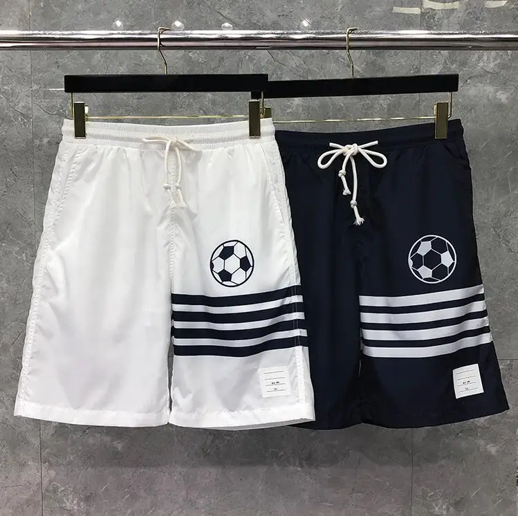 

TB THOM BULUO Fashion TB Brand Casual Shorts Men Summer Loose Beach Shorts Thin Quick Dry Football Pattern Blue Sport Shorts Ins