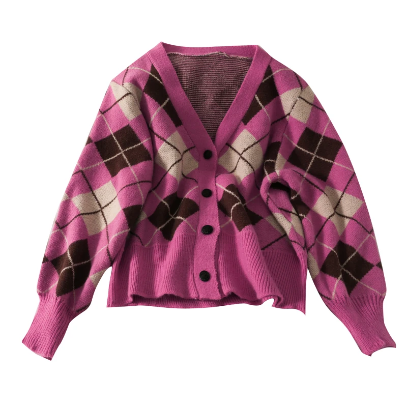

Autumn new style retro diamond plaid single-breasted V-neck loose long-sleeved knitted sweater women