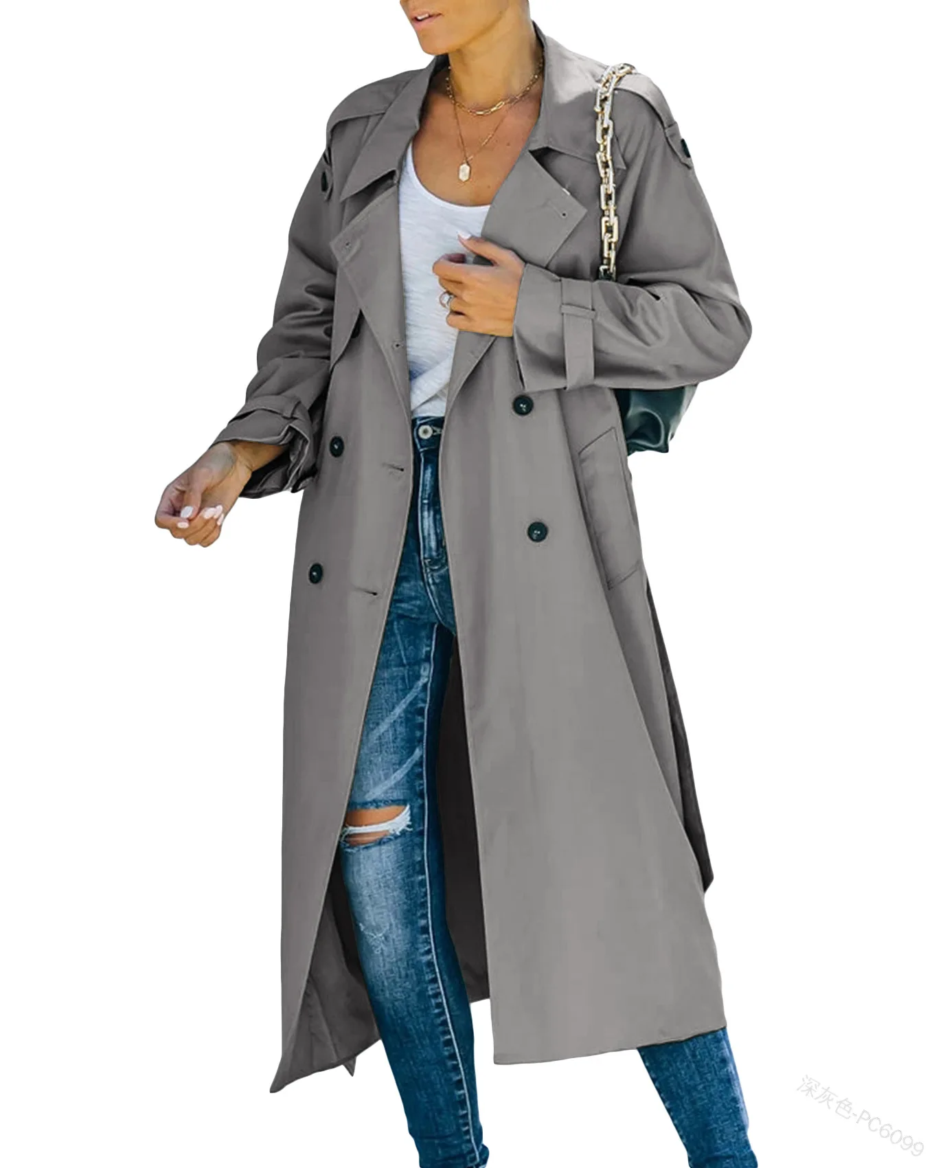 

Women Long Trench Solid Color Polo Collar Slim Jacket Women's Casual Fashion Single-Breasted Pocket Long Sleeve
