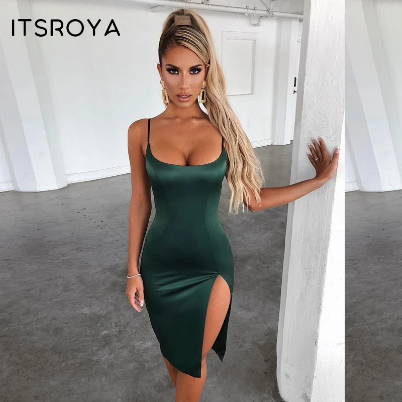 Itsroya 2020 летнее платье миди атласное Для женщин Спагетти ремень сексуальное с
