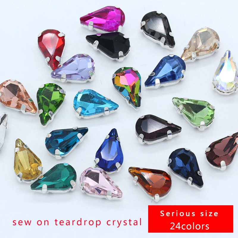 5-13MM 24-Colors Sew on Water Drops Rhinestone Crystal Silver Claw Button Teardrop For Jewelry/Wedding Dress Bags Shoe Diy Trim | Дом и сад
