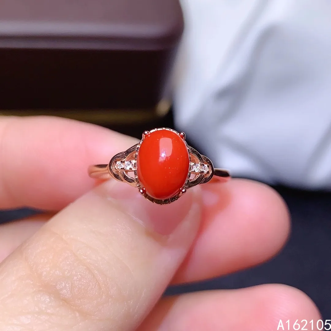 925 Pure Silver Chinese Style Natural Red Coral Women's Luxury Popular Simple Oval Adjustable Gemstone Ring Fine Jewelry Support