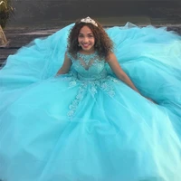 new design sexy light blue ball gown princess quinceanera dresses illusion cap sleeves appliques sweet 15 puffy tulle prom gowns