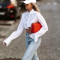 2021 white spring and autumn new sexy crop top long sleeved womens top cotton solid color asymmetrical hem casual top women