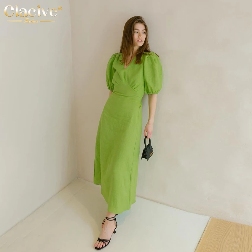 

Clacive Summer V-Neck Black Women'S Dress 2022 Sexy Lace-Up Backless Short Sleeve Office Midi Dresses Elegant Female White Dress