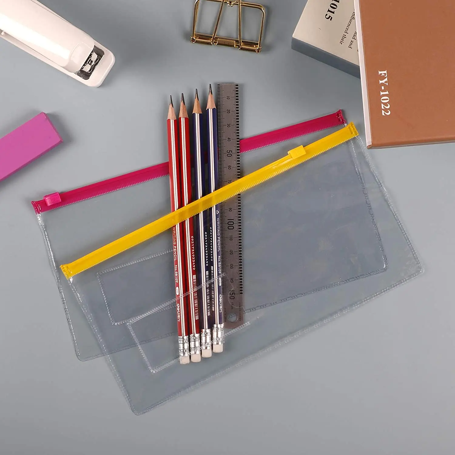 

A6 Size Clear Poly Zip Envelope File Bag Bill Bag Pencil Case, 9 x 4.7 Inches, Multicolors, for School and Office Supplies