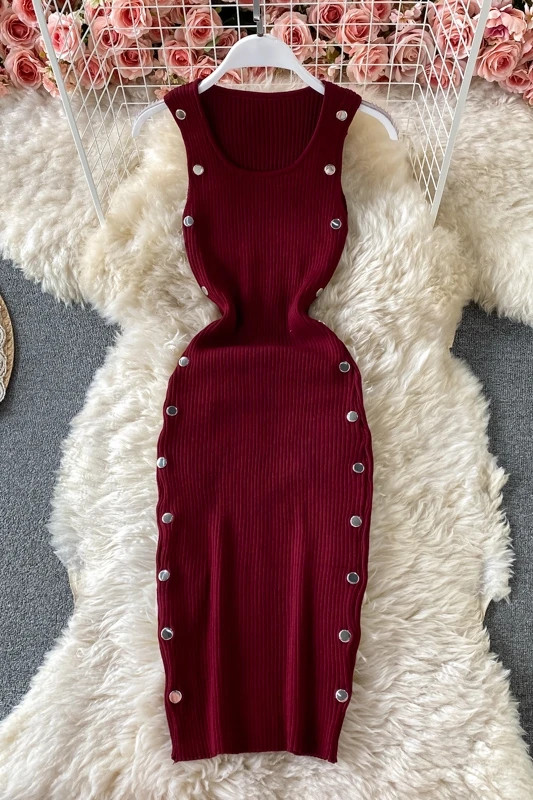 

Low Round Neck Sleeveless Dress For Women's Summer 2021 New Fashion Wiomen Slim Bodycon Knited Vest Dress