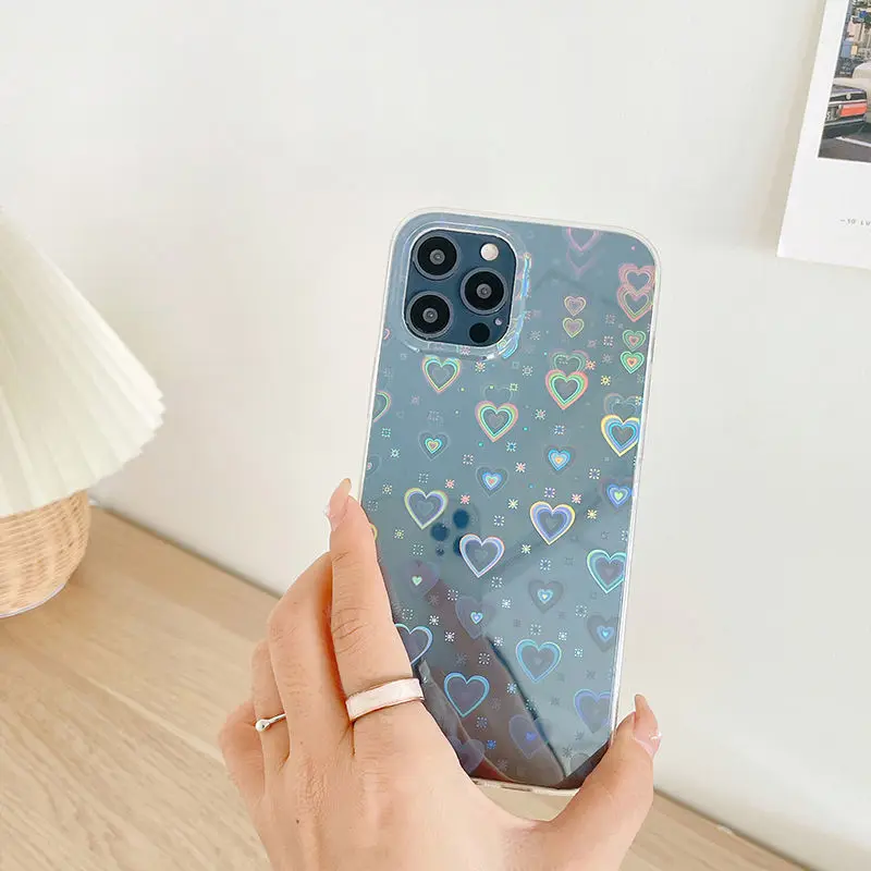USLION Laser Reflective Love Herat Phone Case For iPhone 11 12 13 Pro Max  7 8 Plus X XR XS XSmax Transparent Soft Back Cover