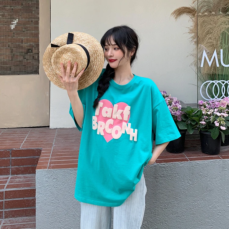 

2300 women new loose mid-length bottoms missing love letters printed short-sleeved T-shirt