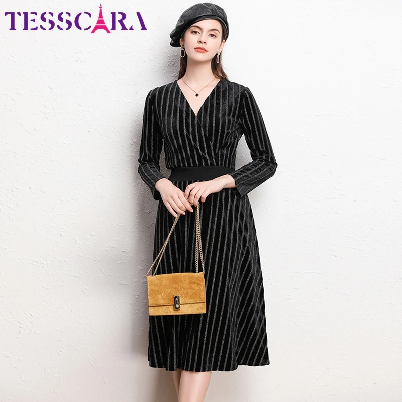 Женское осеннее элегантное бархатное платье TESSCARA в полоску женское дизайнерское