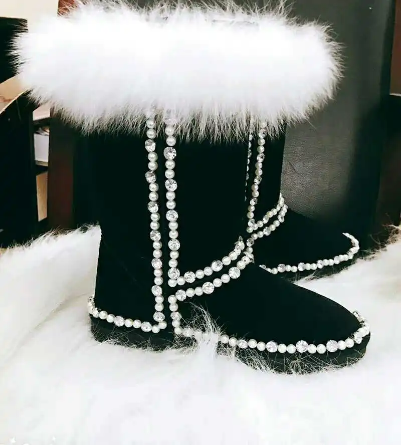 

Oversized fox fur and pearl high-top leather snow boots