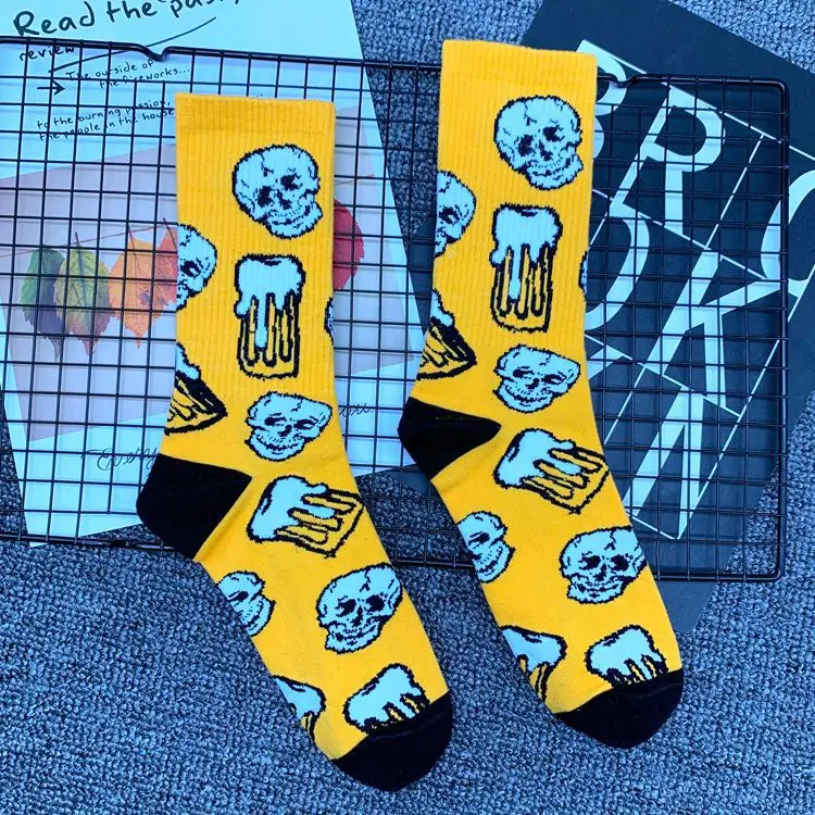 Yellow Skull Beer Модные хлопковые носки до середины голени для взрослых, череп, скелет, пиво, цвет, блокировка, черный, белый цвет, крушение, полный рост, человеческие кости, ура - Цвет: Yellow Skull Beer