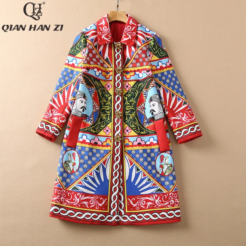 

Qian Han Zi designer fashion runway winter warm jacket vintage Print thick crystal beaded woolen coats women new single-breasted