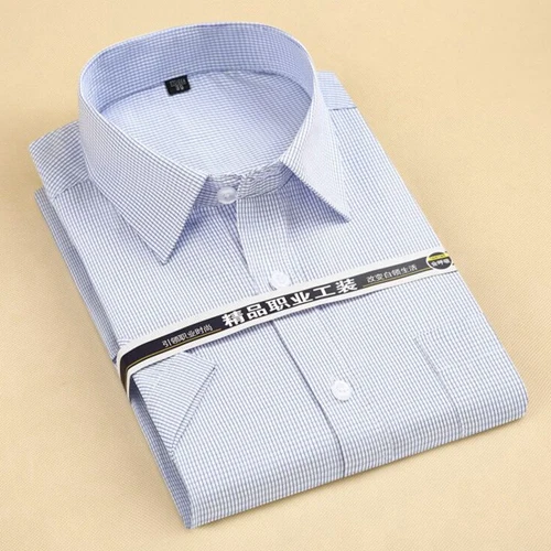 23 blue plaid Большие размеры XXXL 4XL 5XL 6XL фиолетовый твил Твердые с коротким рукавом летние мужские рабочие Рубашки Высокое качество Классический дизайн мужские рубашки - Цвет: 23 blue plaid