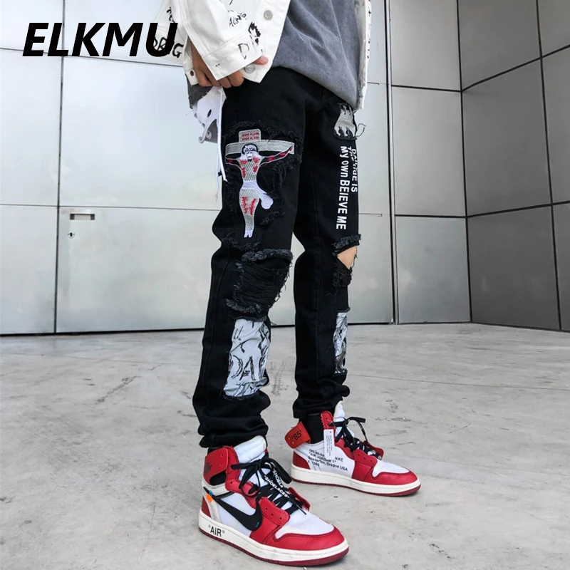 ELKMU черные джинсы Рваные рваные узкие модные брюки для девочек уличная отверстие