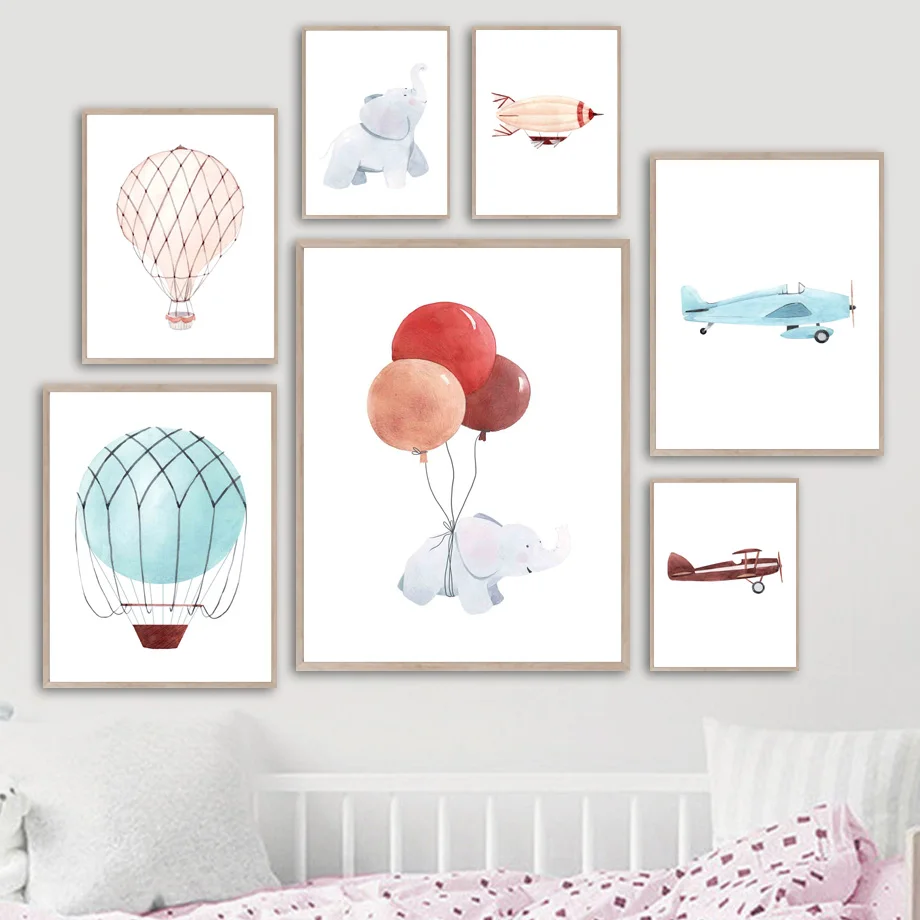 

Cartoon Hot Air Balloon Elephant Plane Wall Art Canvas Painting Nordic Posters And Prints Wall Pictures Kids Room Nursery Decor