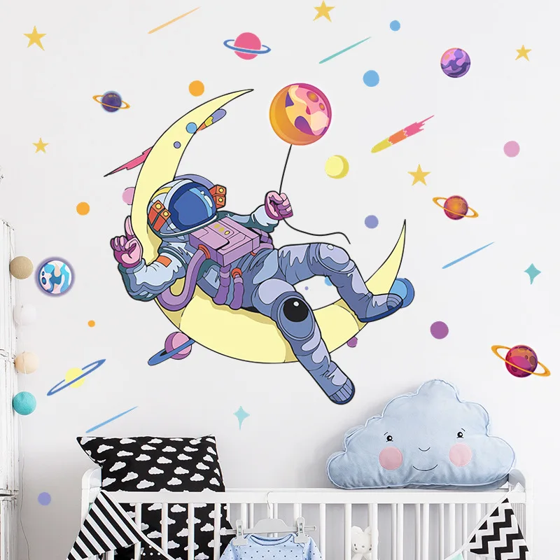 

Cartoon Watercolor Painting Universe Wall Stickers Baby Nursery Bedroom Living Room Stars Moon Astronaut Wall Decals Deocoration
