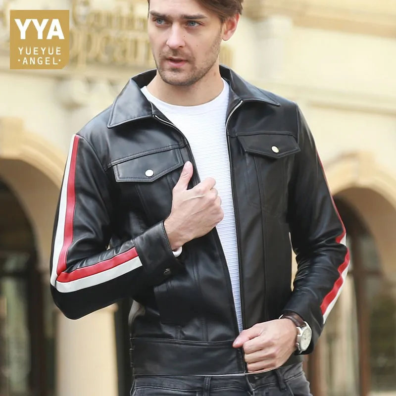 

Men Biker Genuine Leather Jacket Fashion Slim Turn-Down Collar Sheepskin Coat Autumn Street Zipper Casual Outerwear S-3XL