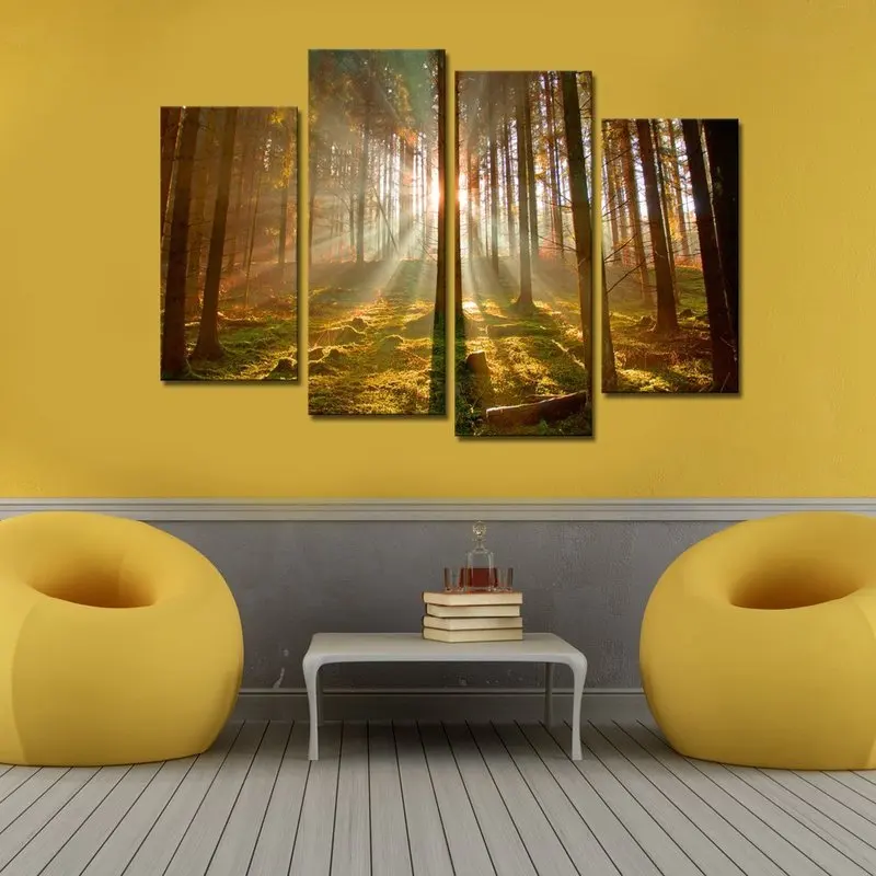 Большой размер 4 панели группа холст стены Искусство Солнечный свет осенний лес