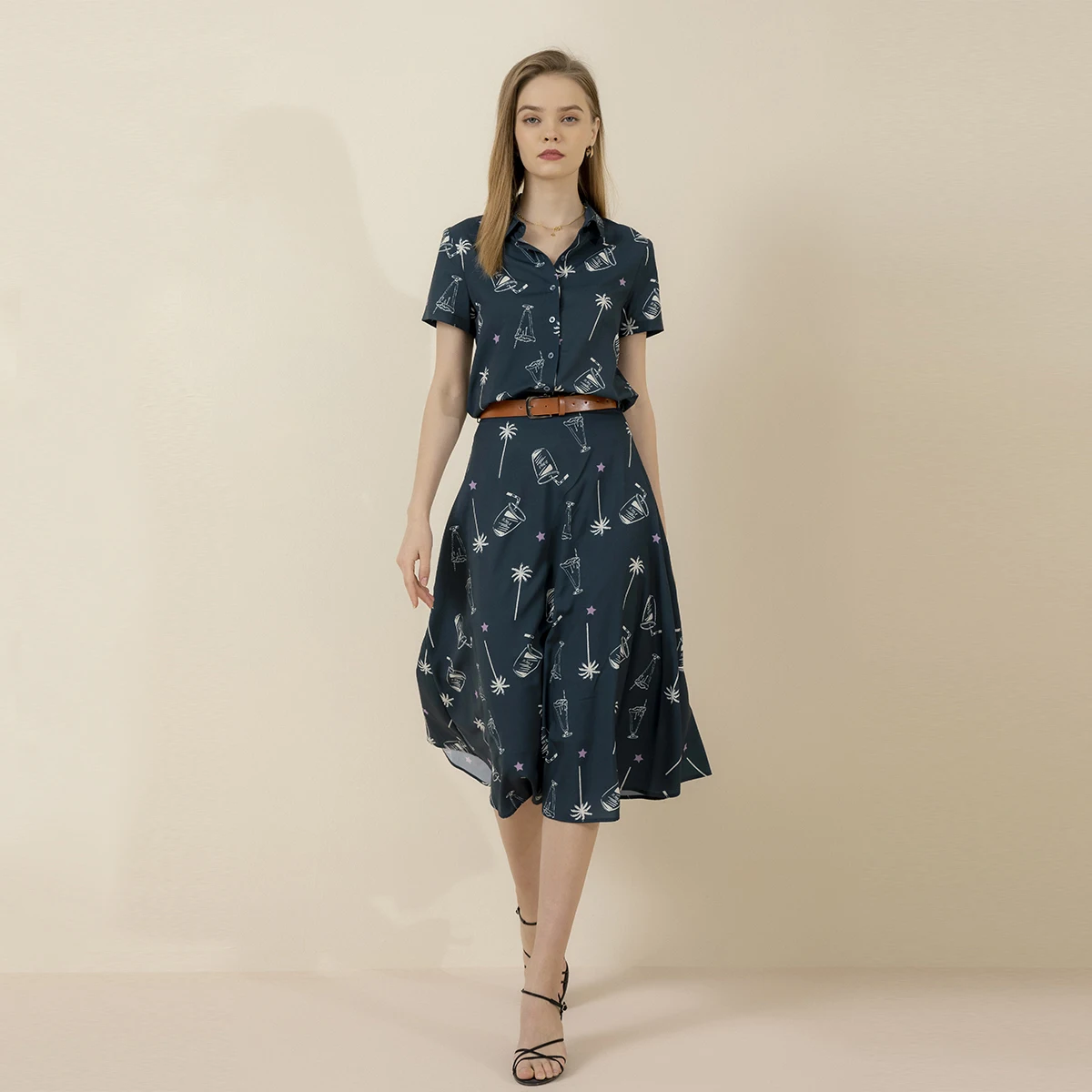 

2021 summer new professional European and American fashion two-piece printed short-sleeved shirt suit a-line half skirt