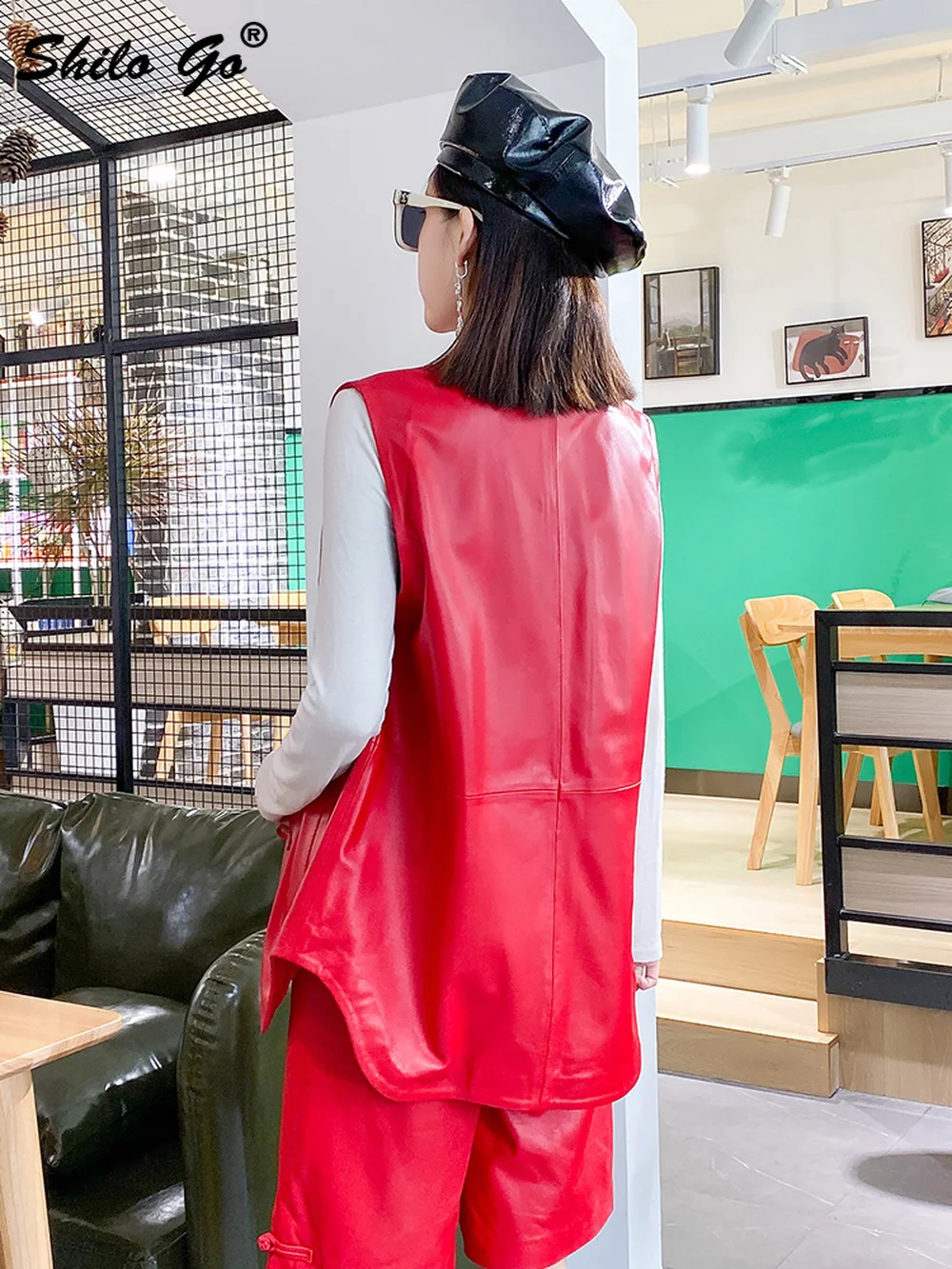 

China Style Buttons Front Solid Sleeveless Coat Women Casual Streetwear Genuine Leather Vests High Street Sheepskin Outwear