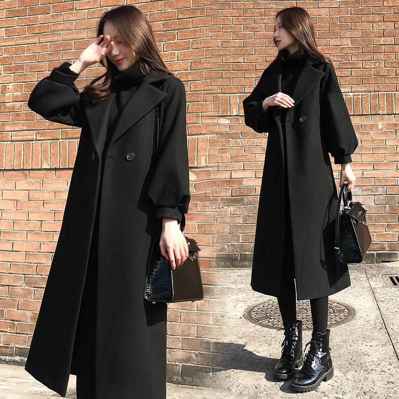 

Large size autumn and winter black coat female winter slim slimming loose Nizi coat long section over the knee wool coat coat
