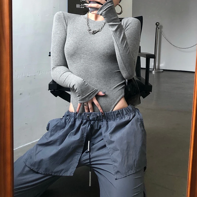 one shoulder bodysuit Solid Ribbed Knit Black Gray Female Bodysuit Turtleneck Top Women Long Sleeve Fall 2020 Winter Bodycon Keep Warm Khaki Body Sexy bodysuit women