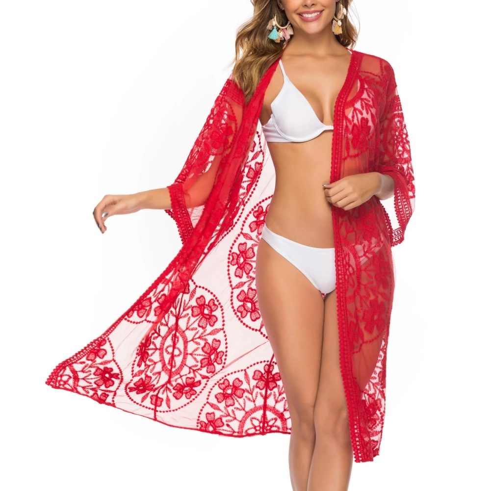 

Сексуальный женский кружевной кардиган, Пляжное длинное платье, накидка на бикини, Солнцезащитная пляжная одежда