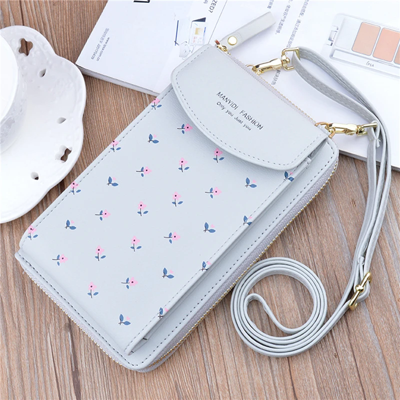 

2021 Women Wallet Flower Print Leather Shoulder Straps Shoulder Bag Mobile Phone Big Card Holders Wallet Handbag Pockets Girls