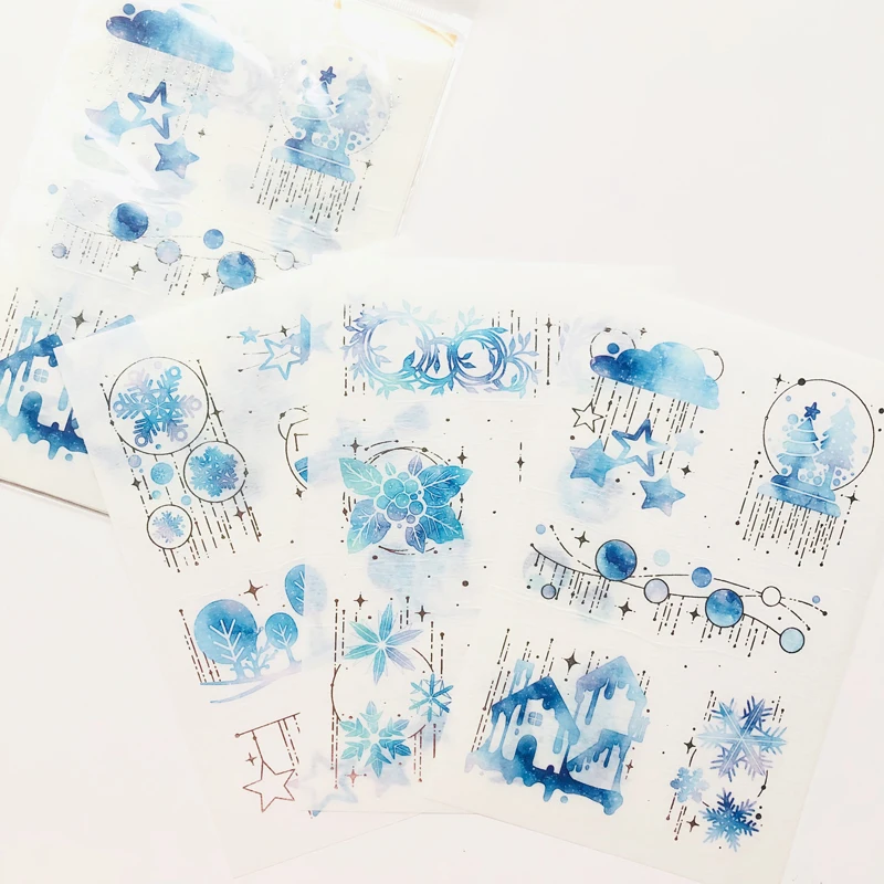 

3 Sheets Blue Style Winter Stars and House Paper Stickers Hand Account Decor Notebook Decorative Sticker